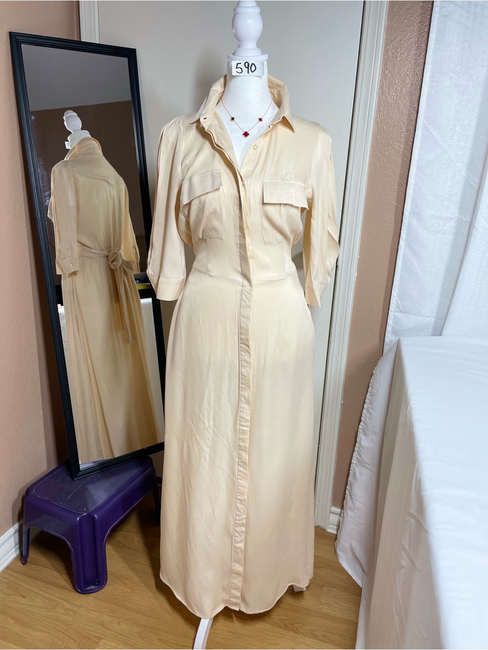 Zara Cream Maxi Shirt Dress with Waist Tie